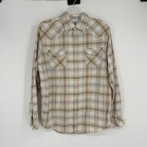 Bullhead Western Style Large Tan Plaid Long Sleeve Pearl Snap Shirt Skeleton L